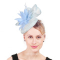 Small Light Blue Pillbox Fascinator With Sinamay Panel And Feather Flower For Wedding Church Party